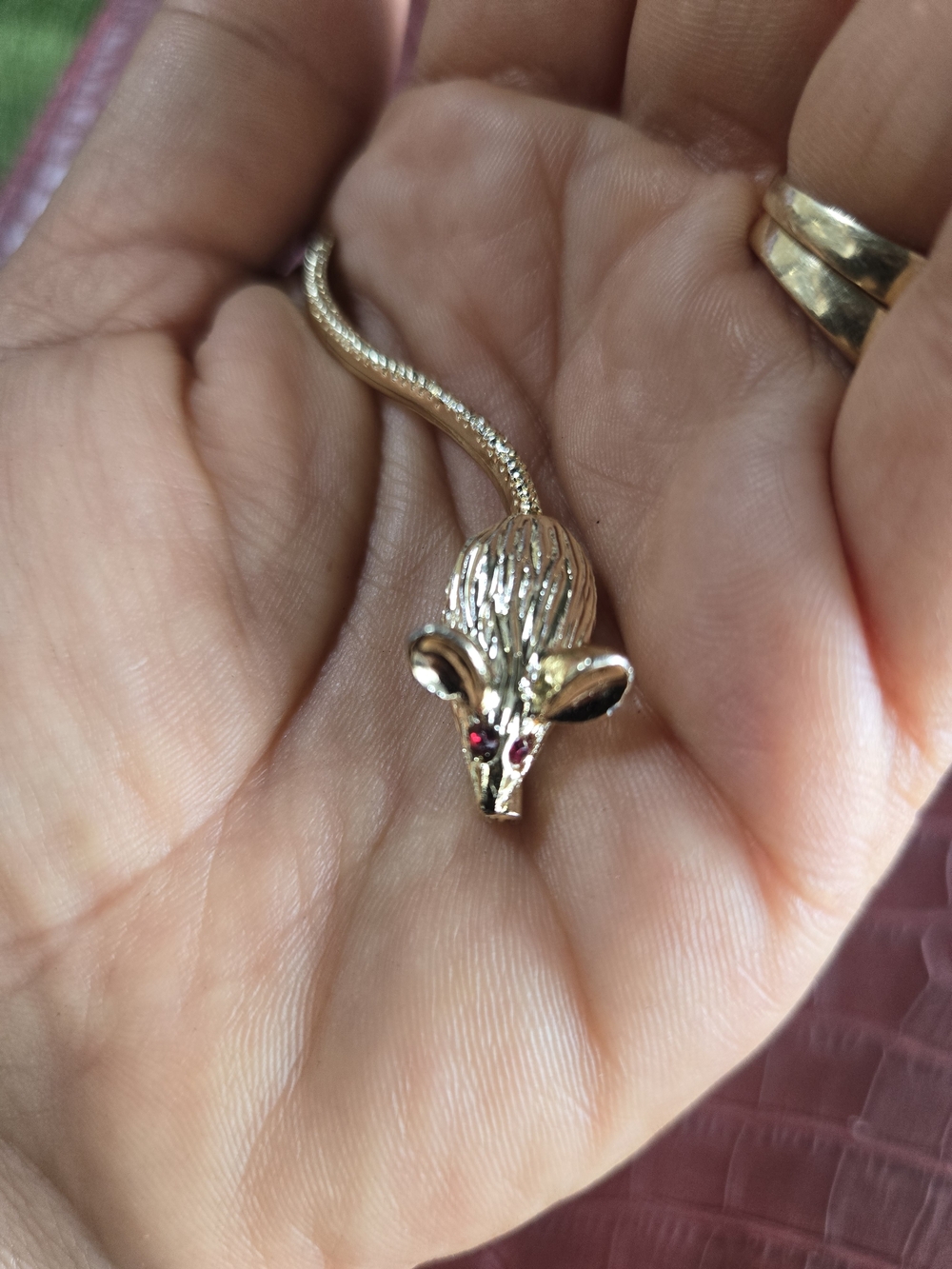 Gold Tone Mouse Pendant Necklace with Ruby Accent Eyes